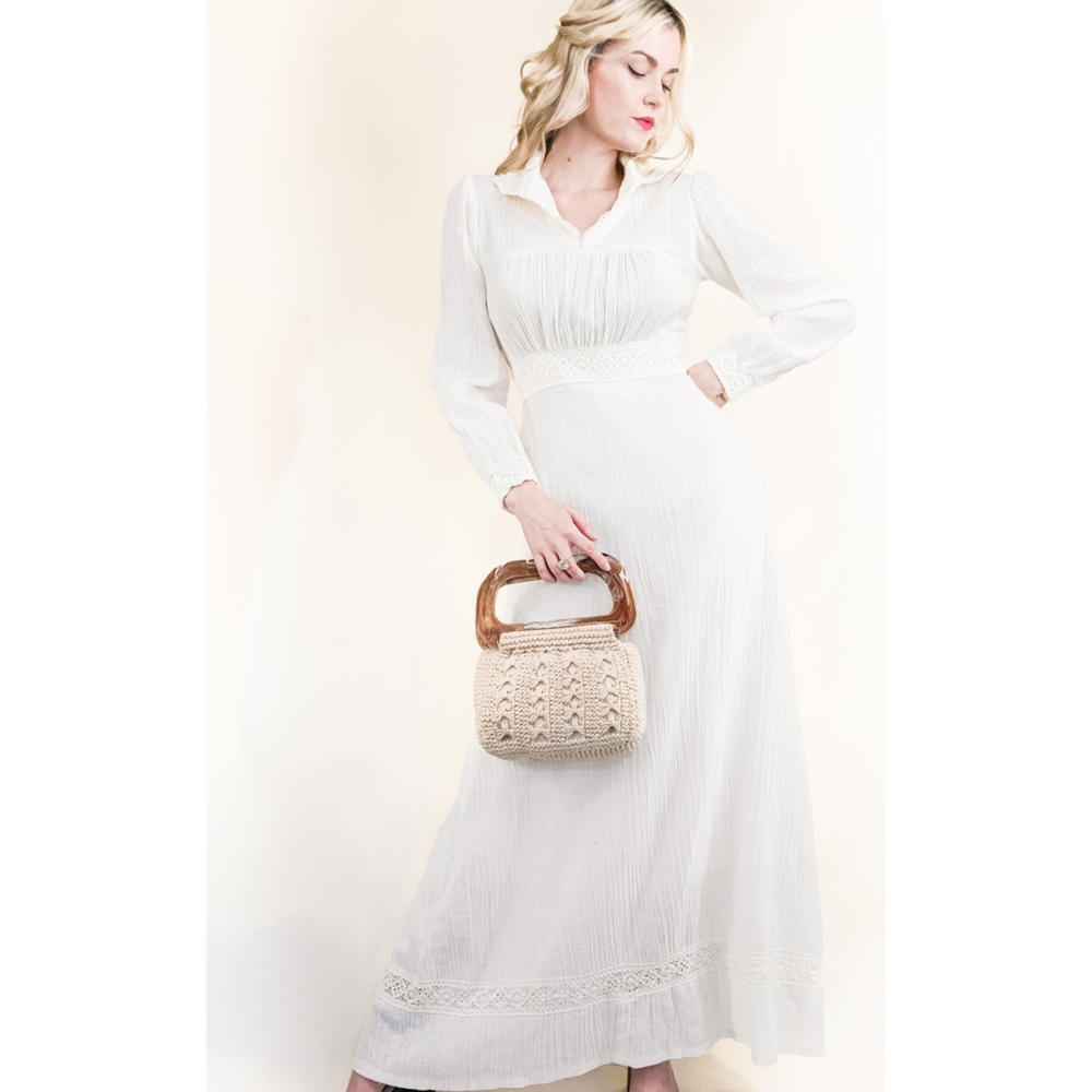 70s Ivory Cotton Gauze Crochet Trim VTG Maxi Dress - Picture 1 of 16